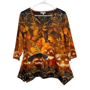 One World Sz Small Halloween Tunic Top Jack O Lantern Pumpkin Spider Sharkbite
